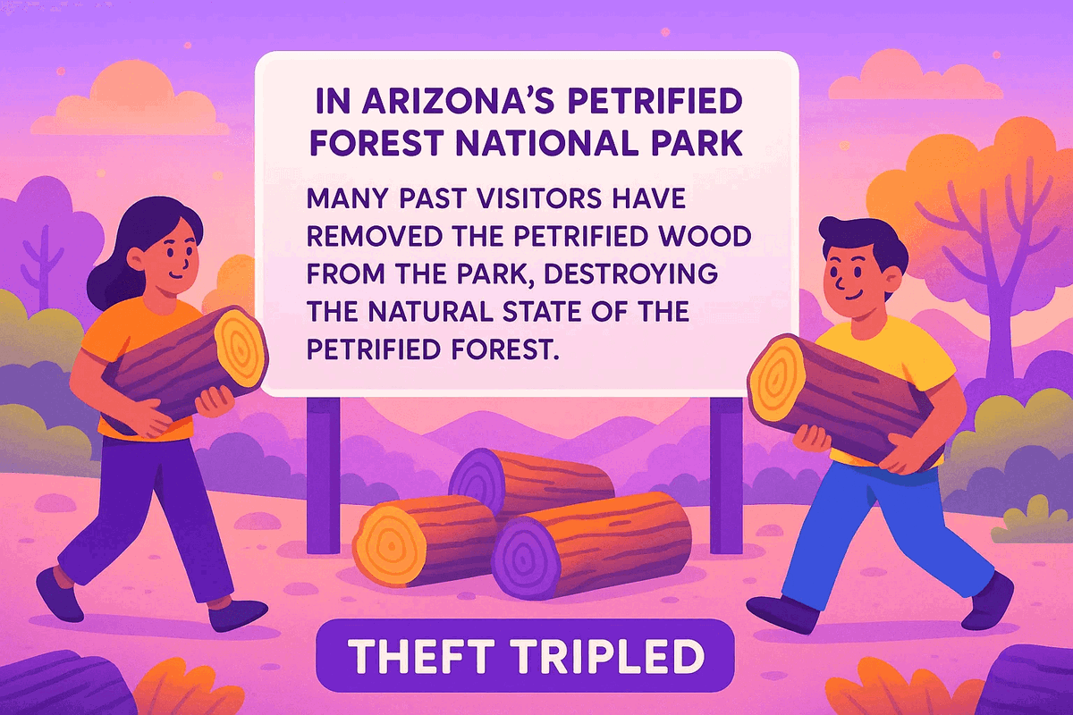 illustration of: In Arizona's Petrified Forest National Park, officials were struggling with theft of the precious wood. They put up a sign that read: "Many past visitors have removed the petrified wood from the park, destroying the natural state of the Petrified Forest." The result? Theft tripled.