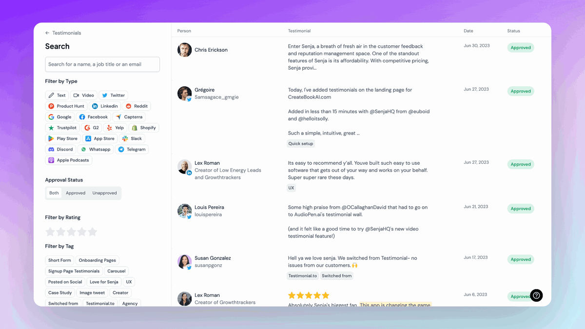 testimonial management dashboard