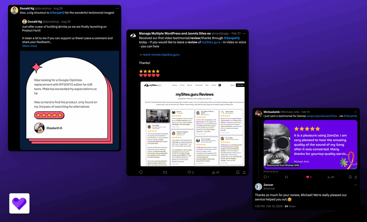 Sharing and get people sharing your testimonials with Senja