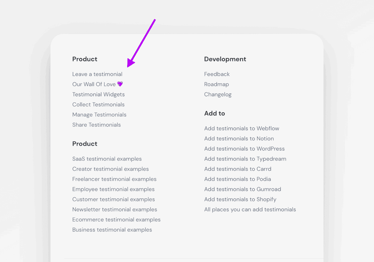 Leave a testimonial link in senja.io's footer
