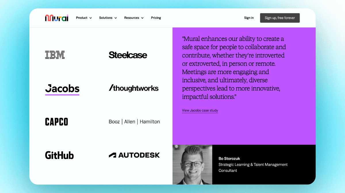 Testimonials below the fold, right after key features on Mural's landing page
