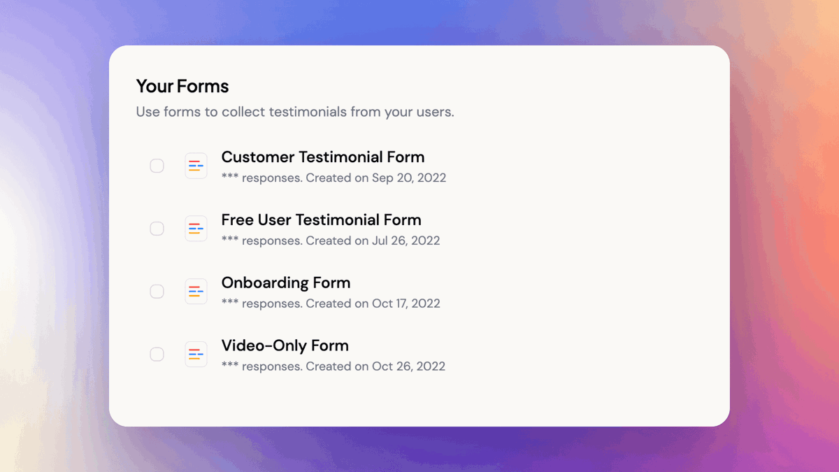 4 Testimonial collection forms highlighting different use-cases