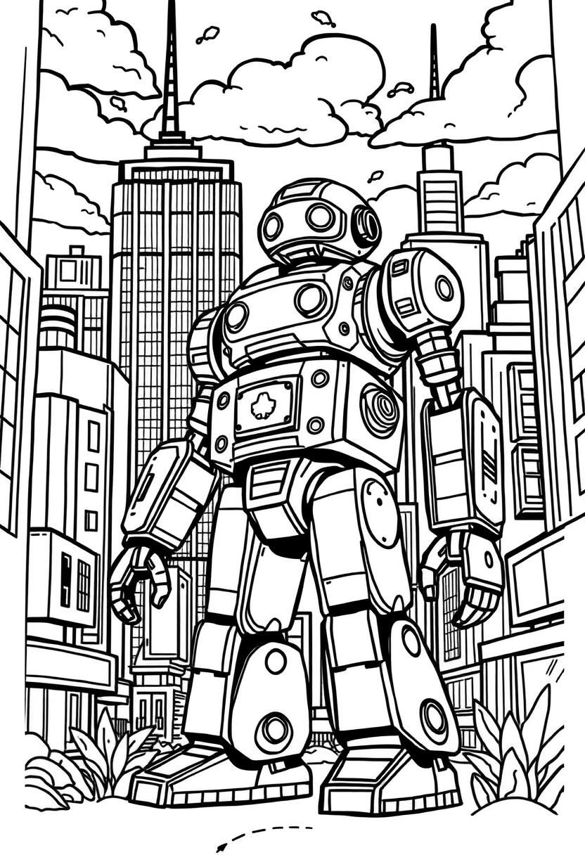 Photo to coloring page converter - 38f8d5aa 185b 42b6 Bbad D0cf6d68f33b Coloring%20book%20page%20featuring%20a%20city%20scene%20with%20a%20realistic%20robot.%20Bold%20lines%20and%20whimsical%20elements%20for%20imaginative%20coloring.%20(1) 