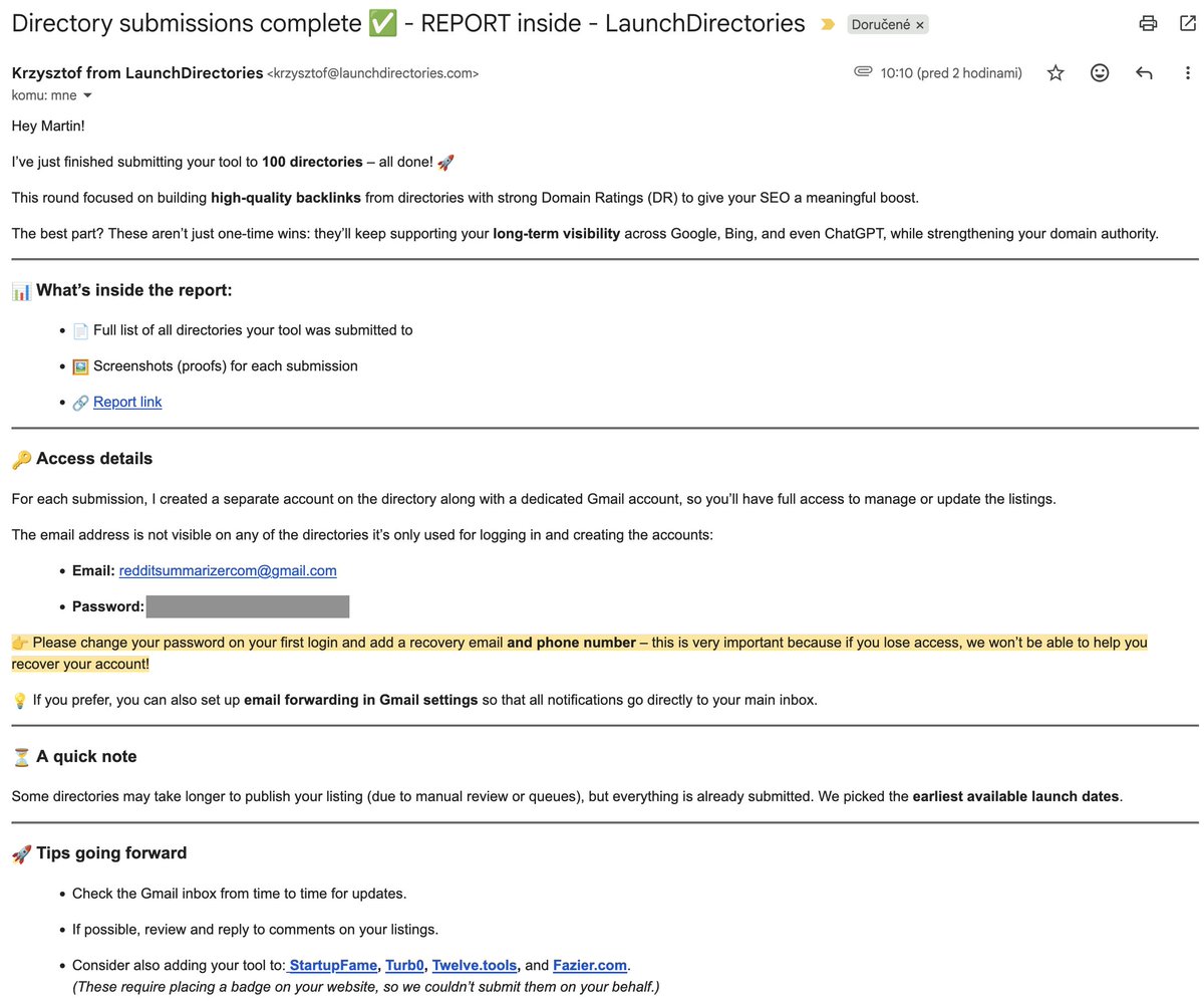 Directory submission report screenshot