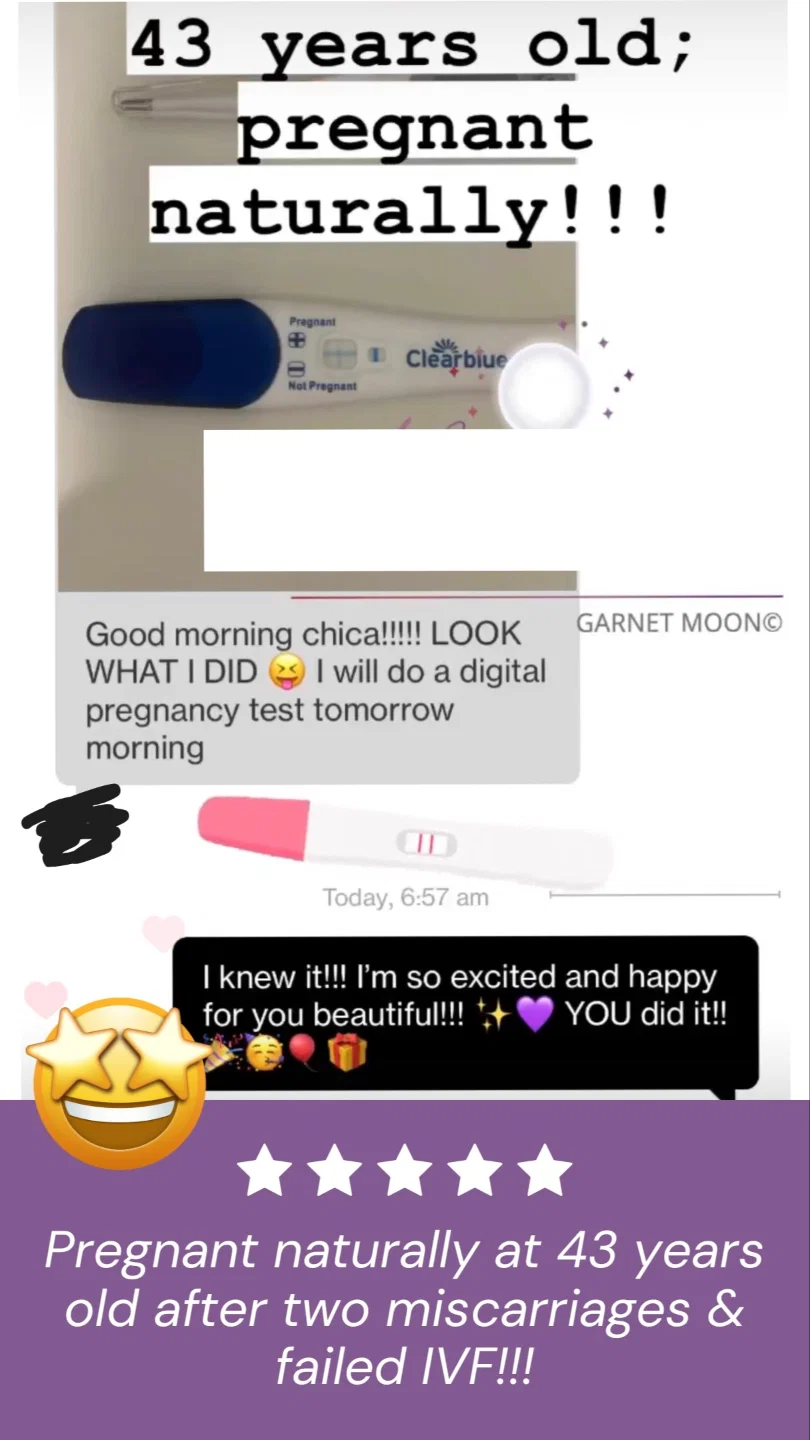 Client message: pregnant naturally at 43 after two miscarriages and failed IVF, with a photo of her positive pregnancy test