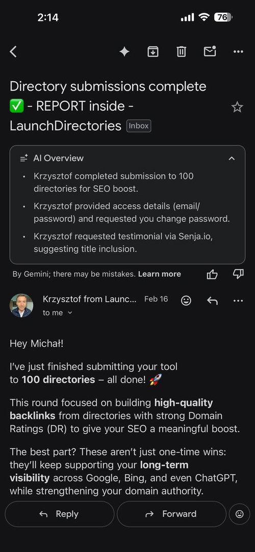 Email proof of completed directory submissions